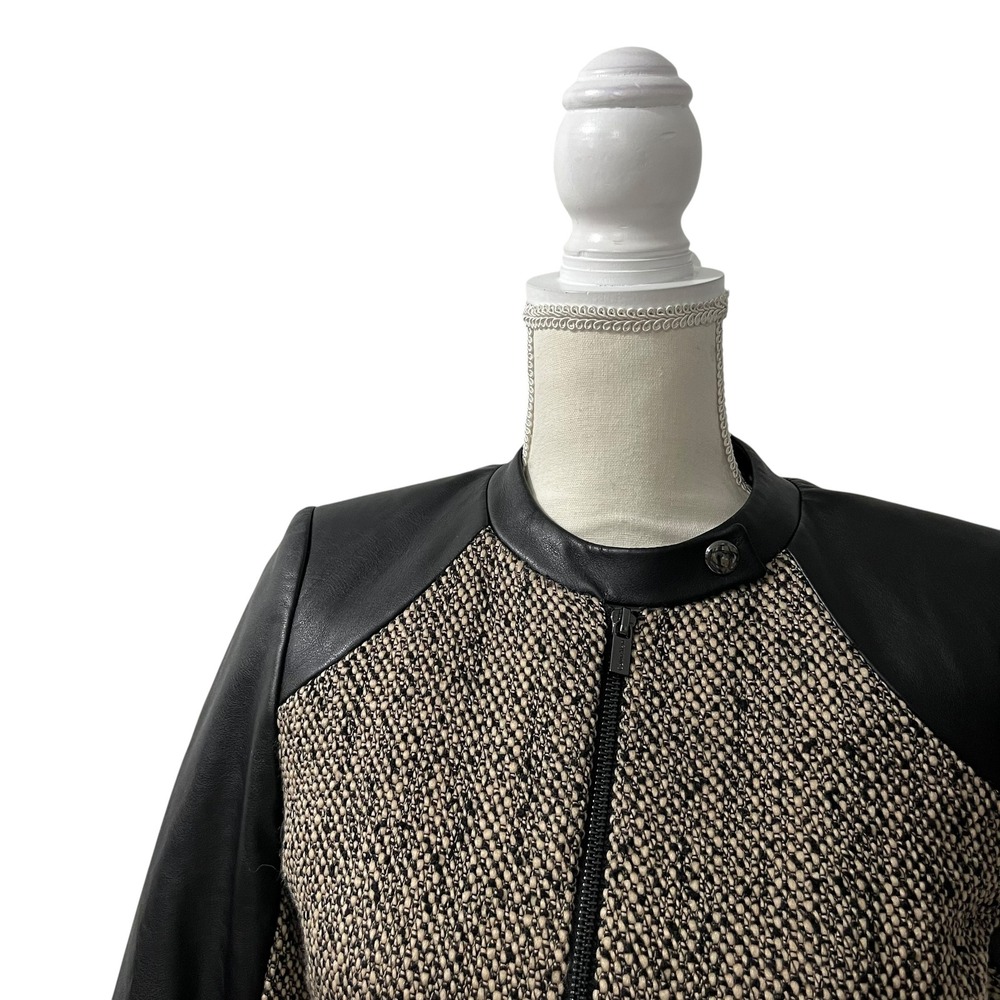 Calvin Klein Brown Faux Leather Trim Tweed Moto‎ Jacket XS - Picture 3 of 9